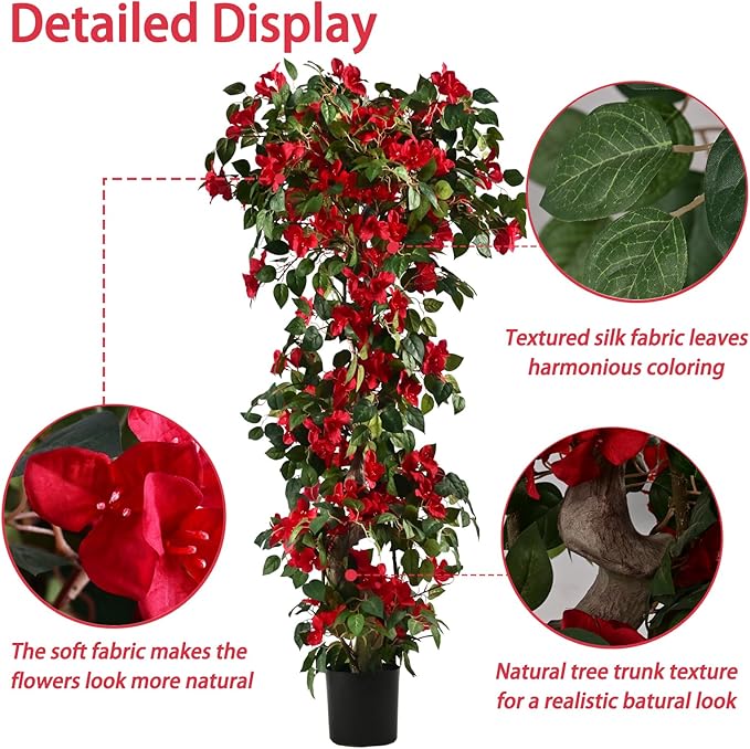 Artificial Bougainvillea Tree -6FT Faux Bougainvillea Tree with Realistic Flowers, Tall Fake Flower Tree for Indoor or Outdoor Decor, Silk Floral Plant for Living Room, Porch, Garden (Red)