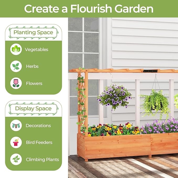 HAPPYGRILL Raised Garden Bed with Trellis, 2 Pack Freestanding Wood Planter Box w/Hanging Roof & 8 Drainage Holes for Vine Climbing Plants Flowers, Outdoor Planter with Trellis for Garden Patio Yard