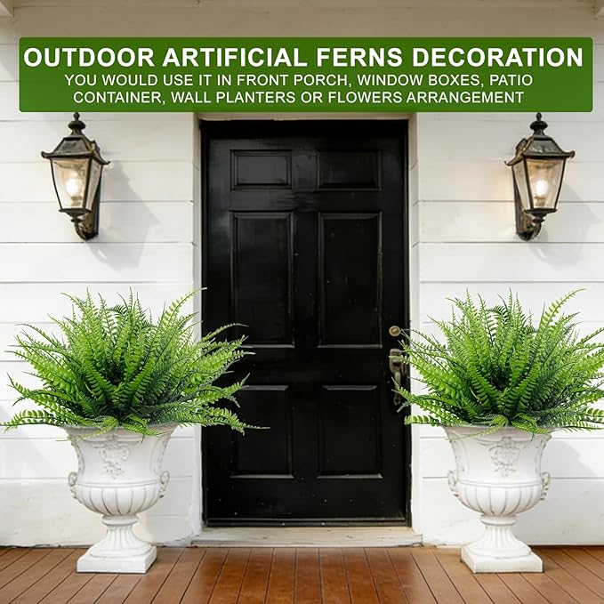 TURNMEON 8 Bundles Ferns Artificial Plants Outdoor 17 Inch Long Length Summer Decor, Artificial Flowers for Outdoors UV Resistant Fake Plants Plastic Faux Greenery Shrubs for Planter Home Garden Decor