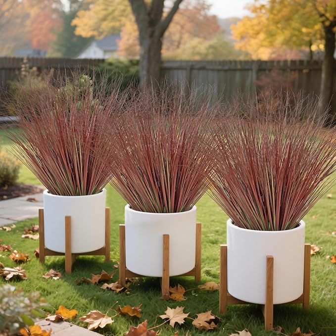 24 Bundles Red Artificial Plants Onion Grass Outdoor 20 Inch Fall Fake Shrubs Wheat Grass UV Resistant Autumn Greenery Stems Faux Bushes Plant for Indoor Home Farmhouse Thanksgiving Fall Decor