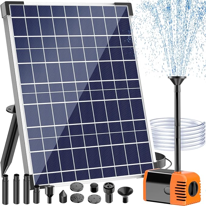 Antfraer 25W Solar Pond Pump, Solar Water Fountain Pump with 320GPH Adjustable Flow, Solar Water Pump with 7 Nozzles, 6.6ft Tubing, Dry Run Protection for Garden, Ponds, Waterfall, Fountain
