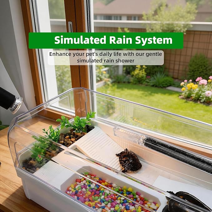 Turtle Tank Kit with 3-Stage Filter, Basking Platform & Heat Lamp - Complete Turtle Aquarium Habitat for Water Turtles, Enclosure or Hermit Crab Tank, Easy Drain Starter Kit White, 18.1 Inch