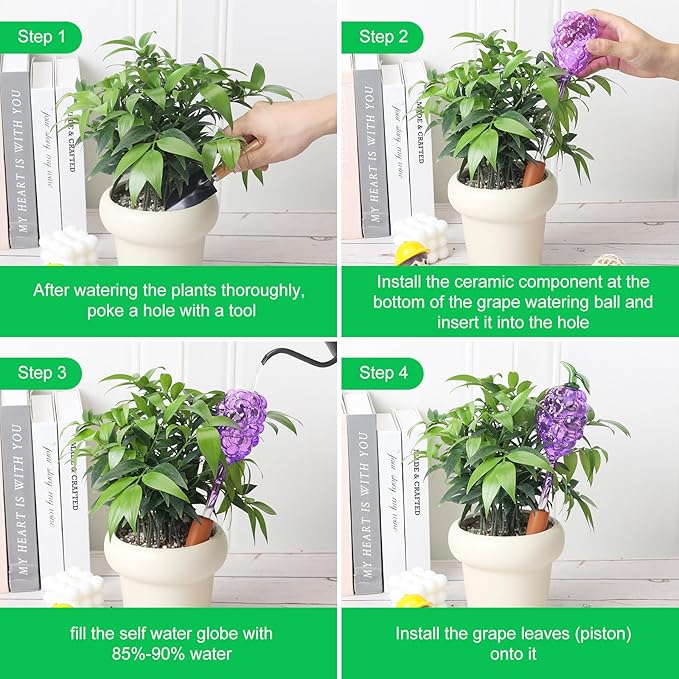 3 Packs Grape Plant Watering Globes with Terracotta Stakes, Glass Self-Watering Planter Insert, Automatic Watering Bulbs for Indoor & Outdoor Plants, Refillable via Top Opening