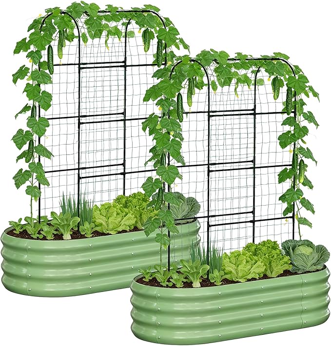 DoCred 2 in 1 Galvanized Raised Garden Bed, 2Pcs Garden Planter Box with 71" H Trellis for Climbing Plants, Outdoor Gardening Raised Beds with Climbing Net for Fruits, Vegetables, Flower (Green)