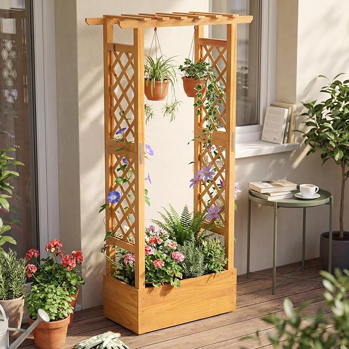 Happygrill 60" Raised Garden Bed with Trellis, 2 Pack Wood Planter Box w/Hanging Roof, 2 Side Trellises, Open-Ended Base for Flower, Climbing Plant, Plant Container for Garden