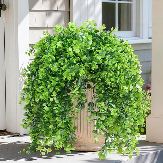 INQCMY Artificial Outdoor Plants Fake Hanging Greenery for Spring Summer Decoration, 4 pcs Realistic Faux Hanging Eucalyptus for Home Outside Garden Porch Patio Planters Basket