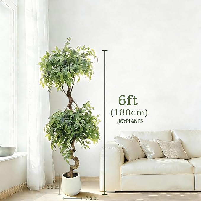 6FT Artificial Ficus Tree with White Pot, Tall Faux Ficus Plant with Realistic Natural Trunk and Lifelike Green Leaves, Indoor Fake Silk Tree for Home, Office, Living Room, or Corner Decor