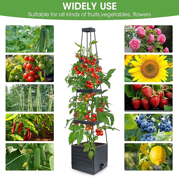 MYMULIKE Raised Garden Bed Tomato Planter with Trellis, 58" Tomato Cage for Climbing Vegetables Plant, Self Watering Pots for Indoor Plants Garden Pots Patio Greenhouse Indoor Outdoor
