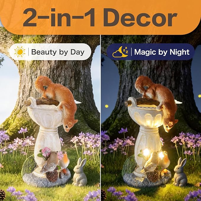 HUYIENO Solar Garden Statue Outdoor Decor Ornament Waterproof Solar Powered LED Lights for Yard, Patio, Lawn Gift for Mom, Women, Housewarming Squirrel
