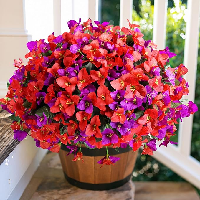 Artificial Faux Flowers for Outdoors Spring Summer Outside Decor, 4 Bundles Fake Silk Bougainvillea UV Resistant Look Real Faux Plants for Planter Patio Porch Window Garden Home Decoration, RedPurple