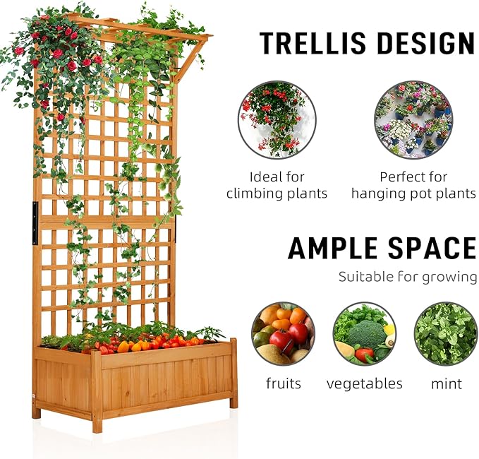 Outvita 72" H Outdoor Raised Garden Bed with Trellis & Roof, Wood Planter Box Equipped with Drainage for Vine Climbing Plants and Flowers Herbs in Balcony, Garden, Patio(Orange)