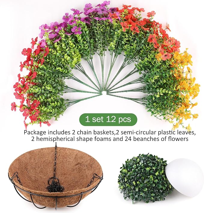 2 Set Artificial Flowers Hanging Plants in Basket,Artificial Hanging Flowers for Outdoor Indoor Decor,UV Resistant hanging Baskets with Fake Flowers for Spring Summer Patio Garden Porch Deck Decor