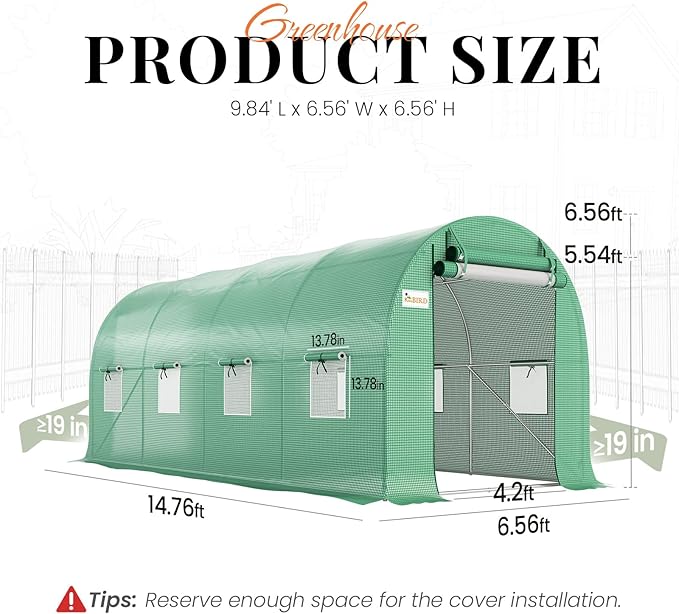 KING BIRD Premium 15x6.6x6.6FT Greenhouse for Outdoors, Large Walk-in Upgraded Galvanized Metal Frame, Mesh Door Screen Window Improved Zipper Tunnel Hoop for Garden Plant Winter, Green