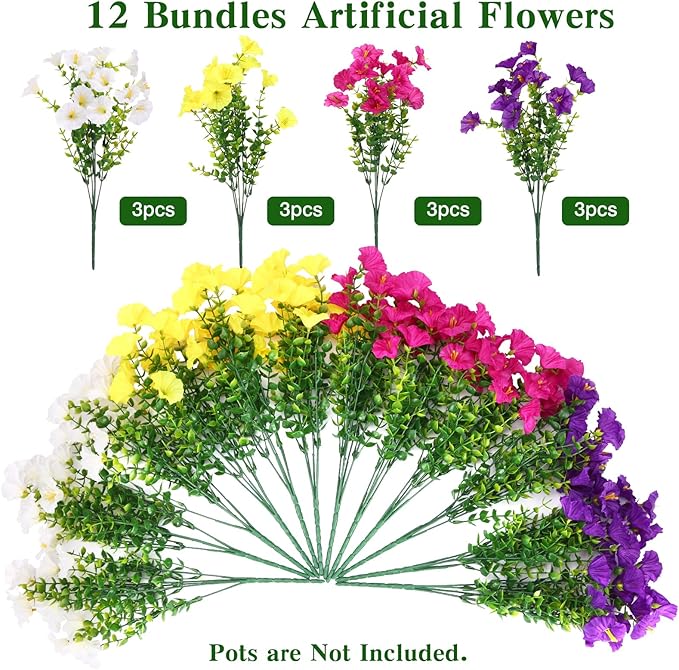 CEWOR 12 Bundles Artificial Flowers for Outdoor Indoor, Fake Silk Morning Glory with Eucalyptus Leaves, Faux Flower for Garden Front Door Porch Planter Patio Home Decor (Fuchsia Yellow White Purple)