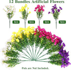 CEWOR 12 Bundles Artificial Flowers for Outdoor Indoor, Fake Silk Morning Glory with Eucalyptus Leaves, Faux Flower for Garden Front Door Porch Planter Patio Home Decor (Fuchsia Yellow White Purple)