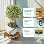 Idzo 2-Pack 14 Inch Acacia Wood Rolling Round Plant Caddy, Plant Caster for Heavy Duty Plant Stand with 360° Lockable Wheels, 264 lbs Capacity Caddy for Indoor and Outdoor Use, Natural Wood