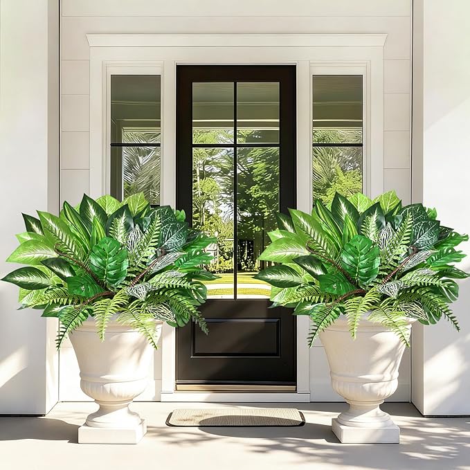 Livole 8 Pcs Artificial Plants Outdoor Faux Plants Fake Greenery Stems with Boston Fern Lavender Morning Glory UV Resistant Artificial Flowers for Outdoors Porch Patio Garden Spring Summer Home Decor