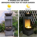 Garden Outdoor Water Fountain with LED Lights – 33.9" Resin Rain Curtain Water Feature with Bowl, Modern Freestanding Garden Waterfall Fountain for Patio, Porch, Balcony or Yard Décor, Grey