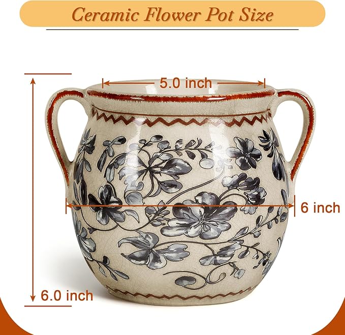 BUYMAX Ceramic Plant Pots for Indoor Plants with Drainage Hole, Vintage Crackle Glaze Hand-Painted Gray Flower Planter with Handles, Small Decorative Hanging Planter