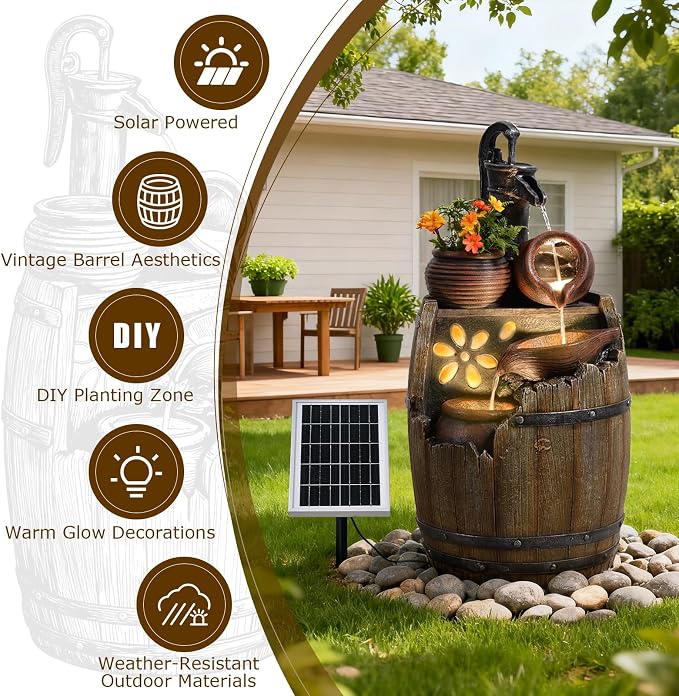 29" Tall Solar Water Fountain Outdoor Garden, 4-Tier Rustic Barrel Pump Solar Powered Water Fountain Cascading Waterfall with LED Lights for Patio, Backyard, Porch
