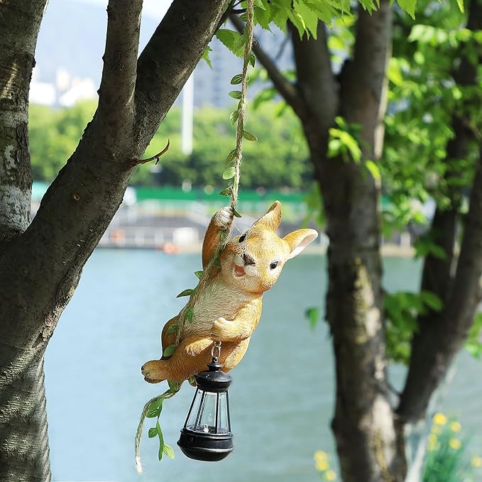 Joliyoou Easter Yard Décor, 6.9" H Resin Rabbit Climbing On A 23.6" L Vine with Solar LED Light, Waterproof Hanging Bunny Figurine Outdoor Statues with Hook for Garden Wall Balcony Tree Decoration