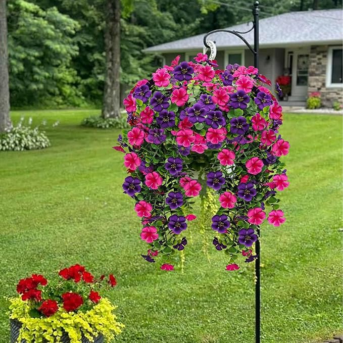 Artificial Geranium Hanging Flowers for Outdoor Decoration, 2 Bundles UV Resistant Silk Geranium Fake Plants Faux Flowers for Front Porch Garden Patio Window Box Decor (Purple, Purple red)