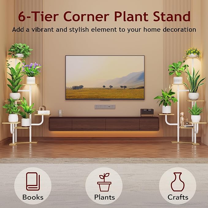 Homsorout Corner Plant Stand with Grow Light - 6 Tier Plant Stand Indoor Square Metal Plant Shelf with Adjustable Light, Plant Organizer for Living Room, Graden, Home Decor (Maple)