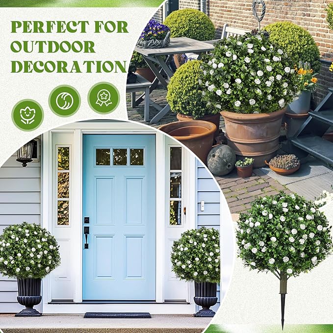 Lunmon 2 Pack 24" Artificial Topiary Ball Plants Trees with Flowers, Outdoor Fake Topiary Plants with Ground Spike, UV Resistant Faux Bushes for Indoor Outdoor Front Door Decor (White,Rose)