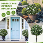 Lunmon 2 Pack 24" Artificial Topiary Ball Plants Trees with Flowers, Outdoor Fake Topiary Plants with Ground Spike, UV Resistant Faux Bushes for Indoor Outdoor Front Door Decor (White,Rose)