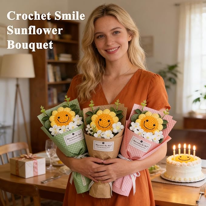 PXFCXVMQ Crochet Sunflower Bouquet,Pink Handmade Knitted Artificial Flower Gift with Card and Box,Smiley Sunflower Bouquet for Graduation, Birthday, Mother's Day,Teacher Appreciation Gift