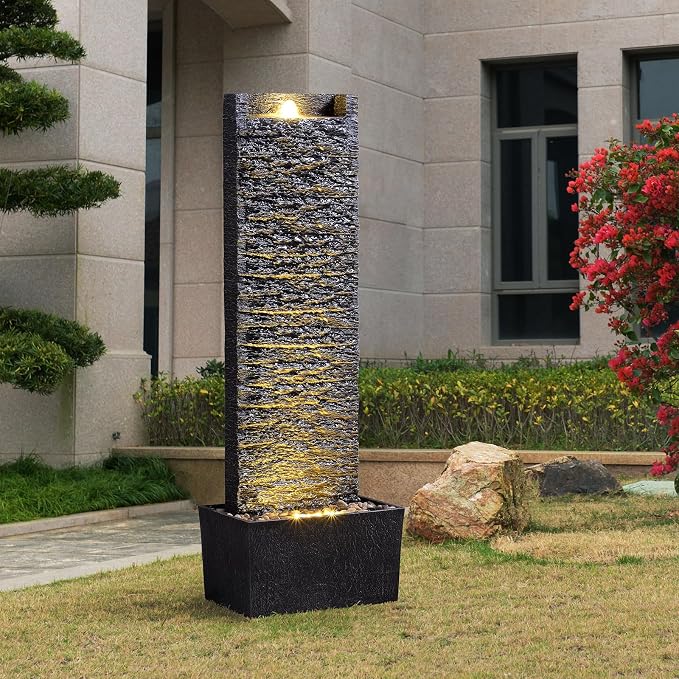 Water Fountain Outdoor, Floor Standing LED Illuminated Water Flow Elegant Water Fountain Pump 38.5" with Pebble Base for Garden, Patio and Yard (24372)