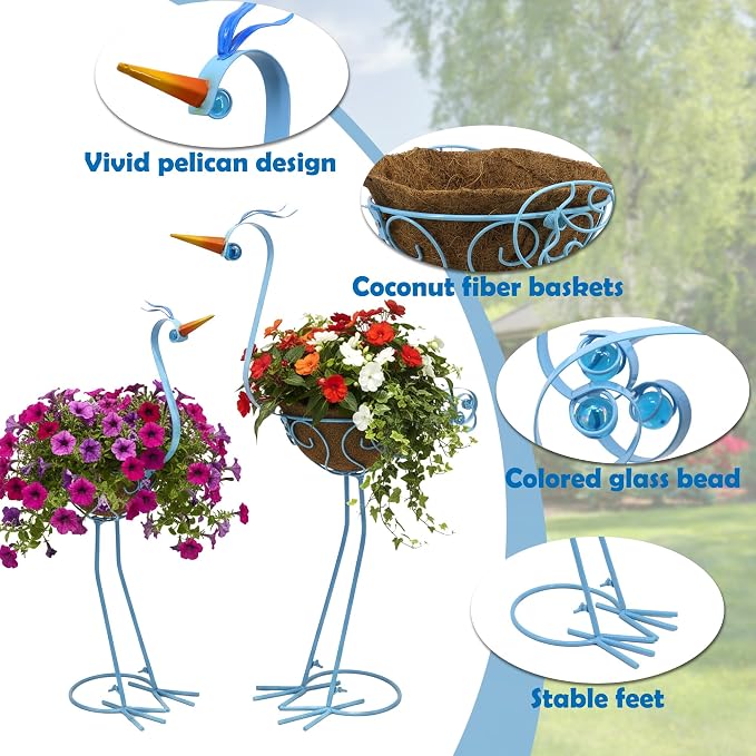 J-Fly 2 Sets Pelican Metal Flowers Plant Holders Stand with Coconut Pots, Plants Stand Indoor Flower Pots Outdoor, Room Home Living Room Front Outdoor Patio Decor, Gardening Valentine Decoration Gifts