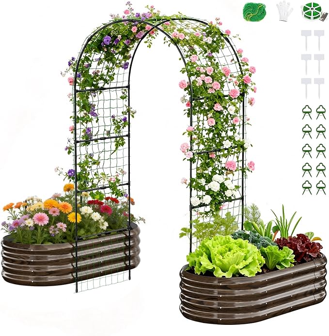 SUNYRISY Galvanized Raised Garden Bed with 87" H Arch Trellis for Climbing Plants Outdoor, Metal Planter Box with Netting for Gardening Flowers Vegetables Fruit Herb, Wood Grain
