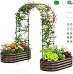 SUNYRISY Galvanized Raised Garden Bed with 87" H Arch Trellis for Climbing Plants Outdoor, Metal Planter Box with Netting for Gardening Flowers Vegetables Fruit Herb, Wood Grain