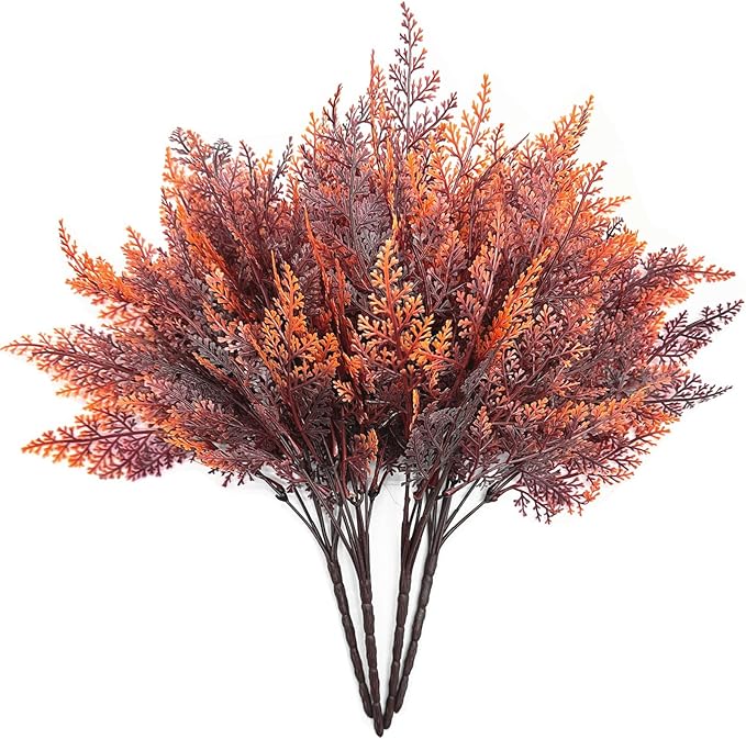Artificial Ferns Plants, Fake Plastic Plant Faux Fern Leaves Shrubs Stems Realistic Boston Grass Decor for Outdoor Indoor Home Garden Party Office Wedding Christmas Decoration DIY Foliage Red 4 Pack