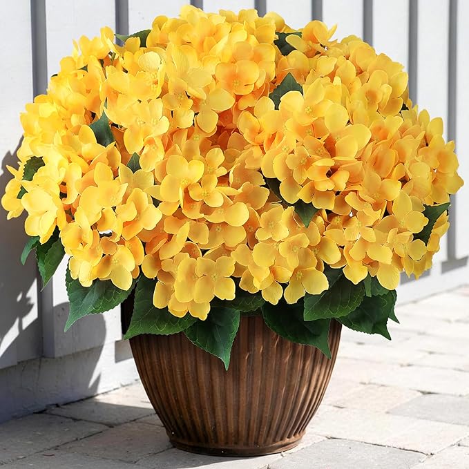 FOTEEWL 8 Bundles Artificial Hydrangea Flowers for Outdoor Decor, Realistic Faux Silk Bouquets Sun-Resistant Fake Plants for Front Door Balcony Farmhouse Garden Home Spring Summer Decor (Yellow)