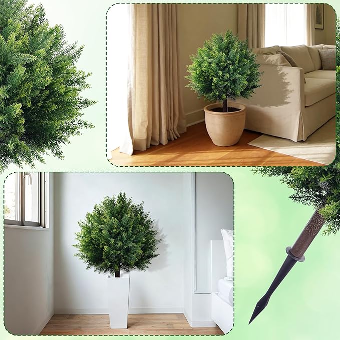 27.6'' Artificial Cedar Topiary Ball Trees, Set of 2 Fake Cypress Bushes Shrubs with Spikes UV Resistant Evergreen Faux Cypress Tree Plants for Planters Front Porch Outside Spring Garden Decor