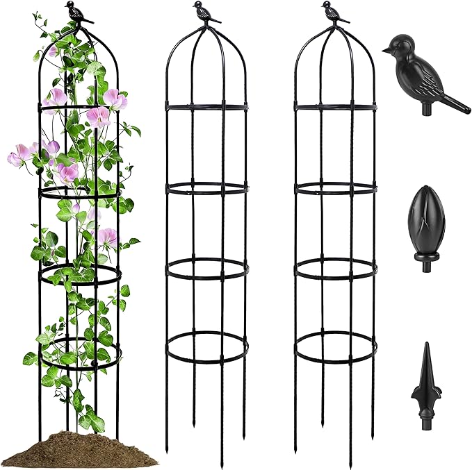2 Pack Garden Obelisk Trellis for Climbing Plants Outdoor, 6FT Adjustable Metal Plant Support with 3 Decorative Tops, Black Rustproof Trellis for Roses, Tomatoes, Clematis & Vines