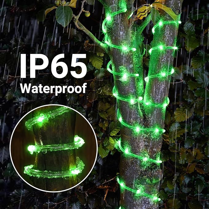 Solar Rope Lights, 2 Packs Total 66ft 200LEDSolar String Lights, 8 Modes Waterproof Solar Powered Outdoor Light, Flexible Clear Tube Light for Garden Backyard Patio Deck Porch Tree Xmas Decor - Green