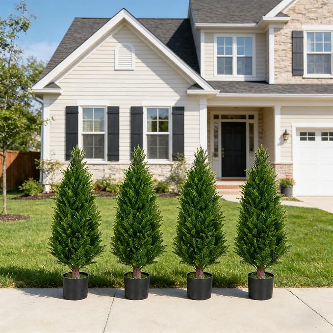 3FT Artificial Topiary Cedar Trees Set of 2 UV Resistant Maintenance-Free Faux Plants for Indoor Outdoor Front Porch Home Garden Decor