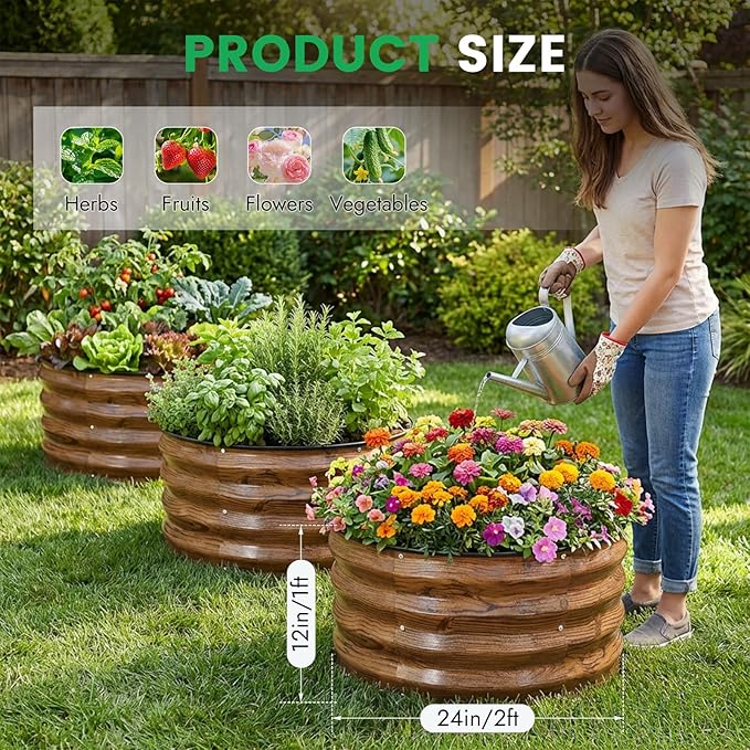 INNO STAGE 3 Pcs Round Galvanized Raised Garden Bed — 2×2×1ft Planter Box Outdoor Raised Beds Kit for Gardening Vegetables, Fruits, Herbs, and Flowers, Grain