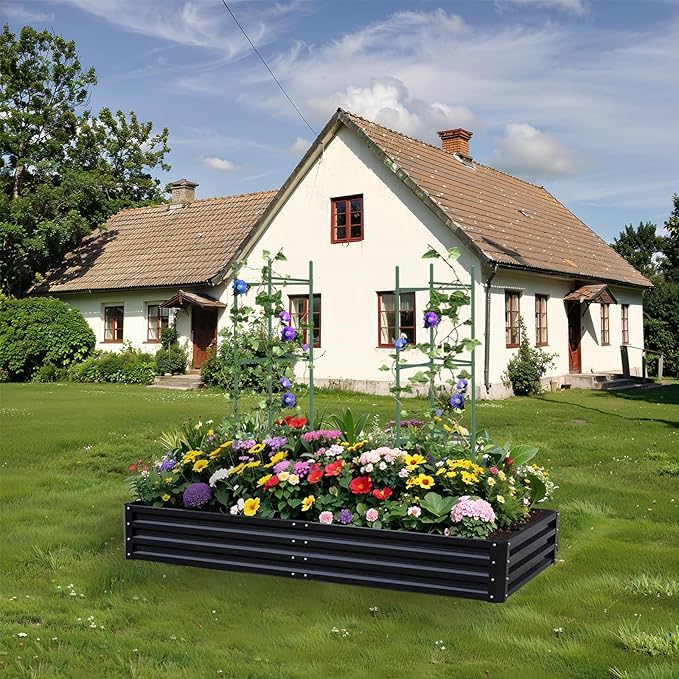 Metal Raised Garden Bed 8x4x1Ft Outdoor Large Metal Galvanized Planter Boxes Kit for Vegetables, Flowers, and Herbs,Garden Beds with 2Pcs Tomato Cage 1Pc Gloves,Black