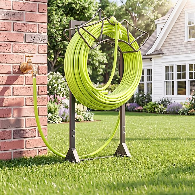 Garden Hose Holder Holds 160Ft Hoses, Heavy-Duty Freestanding Water Hose Stand with 2 Tool Hooks, Rustproof Hose Rack with 4 Spikes Hose Hanger Storage for Outside, Yard, Lawn