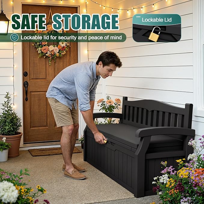 Devoko 80 Gallon Storage Bench with Cushion, Lockable Deck Box for Patio Furniture, Garden Decor and Outdoor Seating for Cushions, Garden Tools and Pool Supplies (Black, 80 Gallon with Cushion)