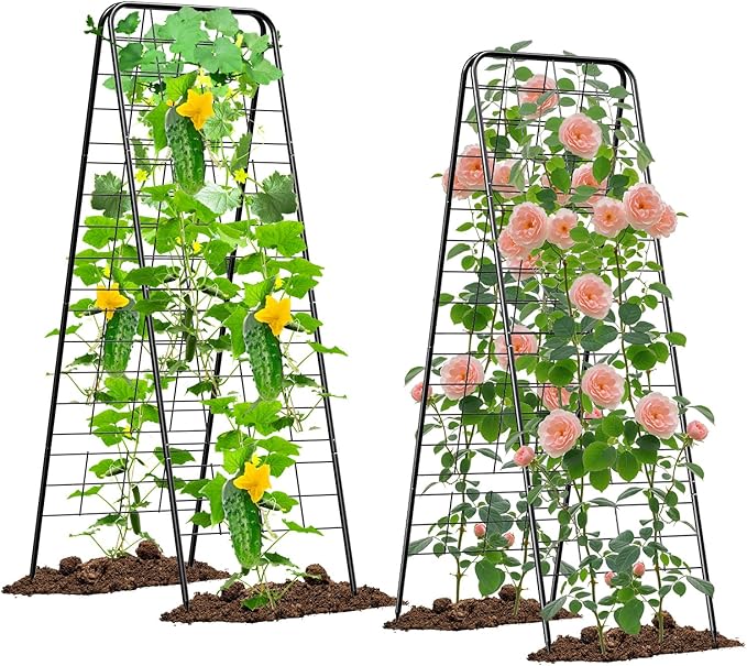 Heavy Duty Cucumber Trellis，50"x17"Adjustable A-Frame Trellis for Climbing Plants，Metal mesh Design, Rust-Proof and UV-Resistant，Garden Trellis for Cucumber Beans and Vine Type Plants.Black&2 Pcs