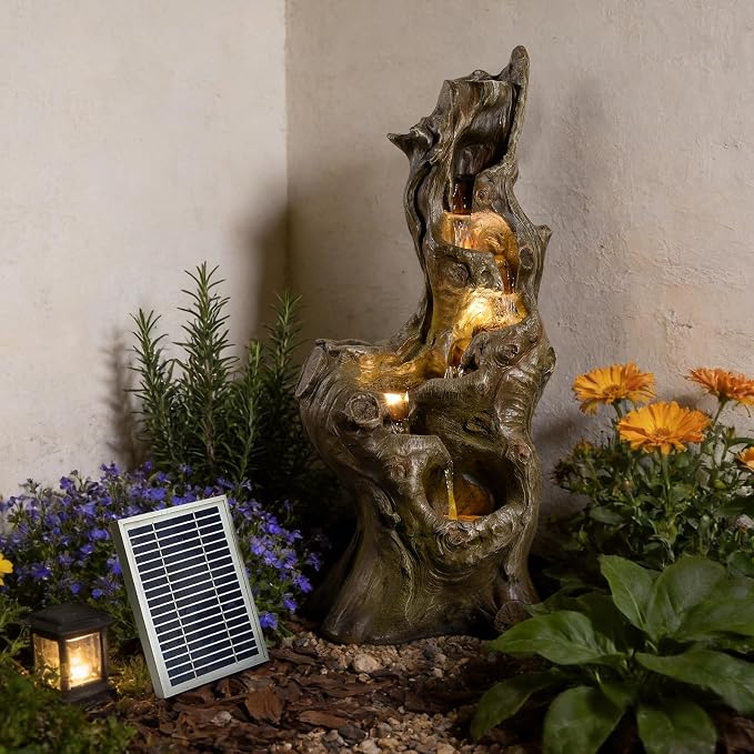 Sunlinua Solar Water Fountain Outdoor 5-Tiers Large Cascading Realistic Tree Trunk Natural Waterfall Outdoor Fountains Resin Imitation Wood with LED Lights for Garden, Patio, Porch