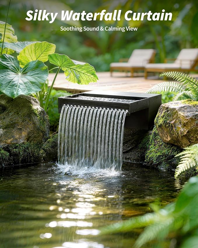 POPOSOAP 70W Solar Pond Waterfall Spillway with Fountain Pump, 304 Stainless Steel & Filtration System Pond Waterfall, 9.8FT Tubing for Koi Ponds, Garden Fountains & Landscape Water Features-P5703S
