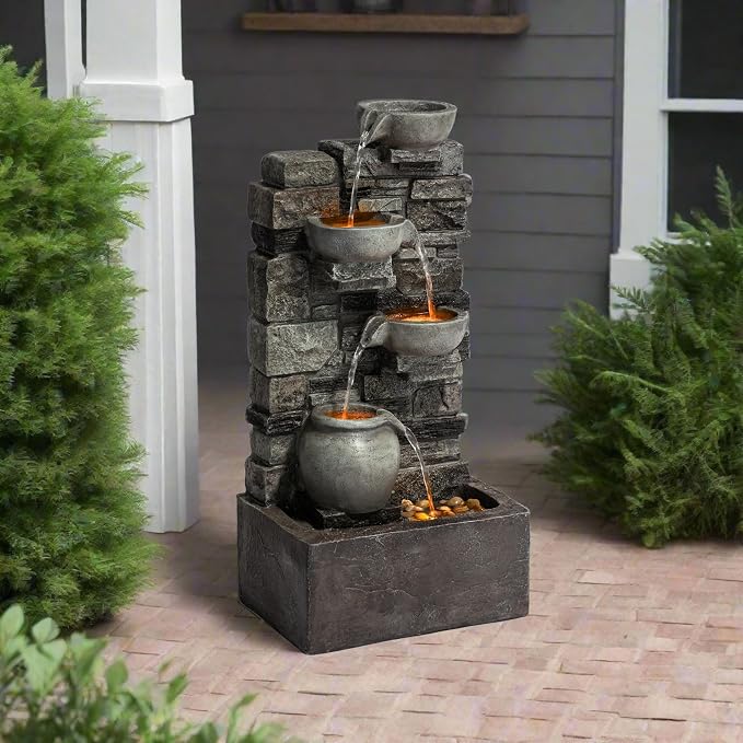 Teamson Home 28.5" Outdoor 4-Tier Stacked Stone Cascading Water Fountain with LED Lights, Gray