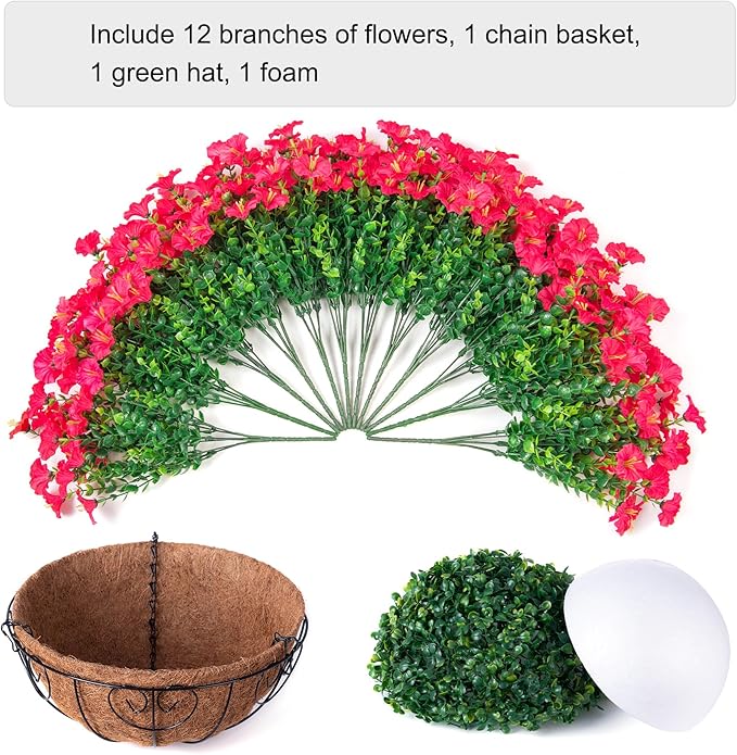 Artificial Fake Hanging Flowers Plants Baskets for Outdoors Spring Summer Decor, Faux Silk Morning Glory in Planter UV Resistant Realistic for Outside Porch Patio Balcony Garden Yard Home, Hotpink
