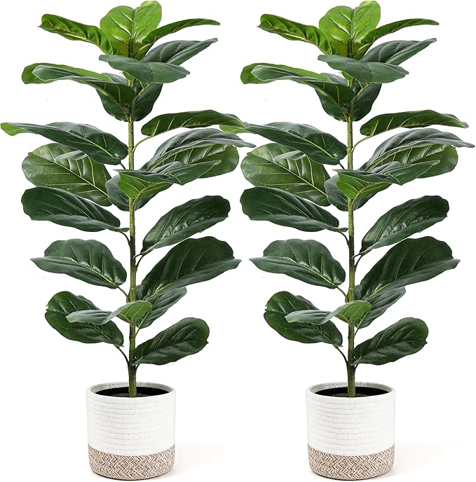 Der Rose 2 Pack 30" Artificial Fiddle Leaf Fig Tree with Warm LED Lights – Battery Powered, Mid-Size Fake Plants for Living Room, Bedroom, Entryway & Home Decor
